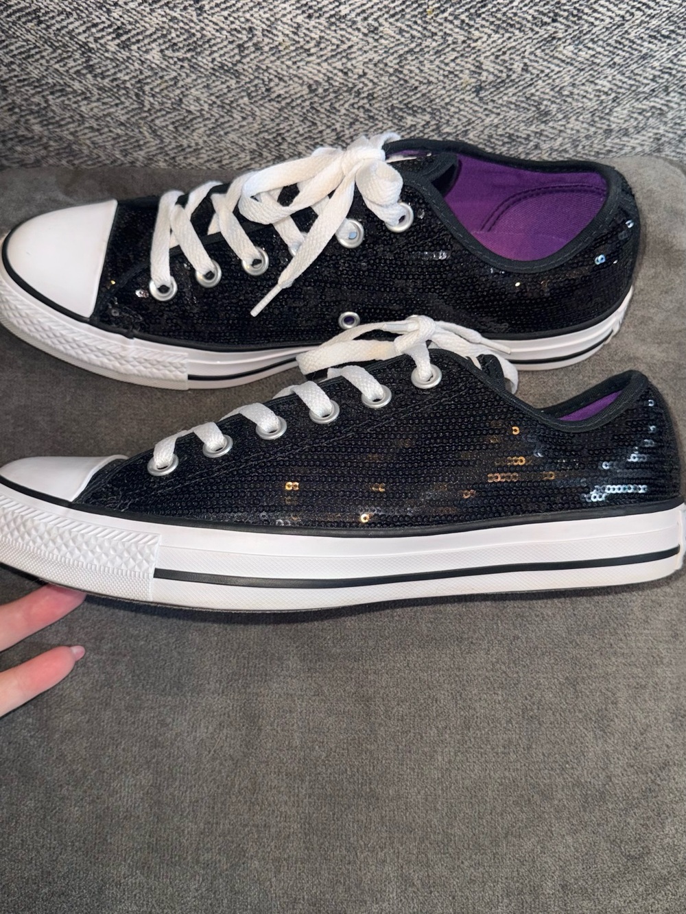 Converse Sequins Black Low-Top Sneakers with White Trim and Purple Insole - Picture 2 of 4